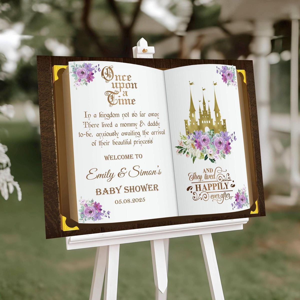Purple Floral Baby Shower Welcome Sign Printed Princess Book Party Foamboard