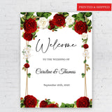 Printed Wedding Welcome Sign Elegant Wine color Floral Foamboard Red White Roses Decor Red Flowers Bridal Poster Engagement Entrance Sign
