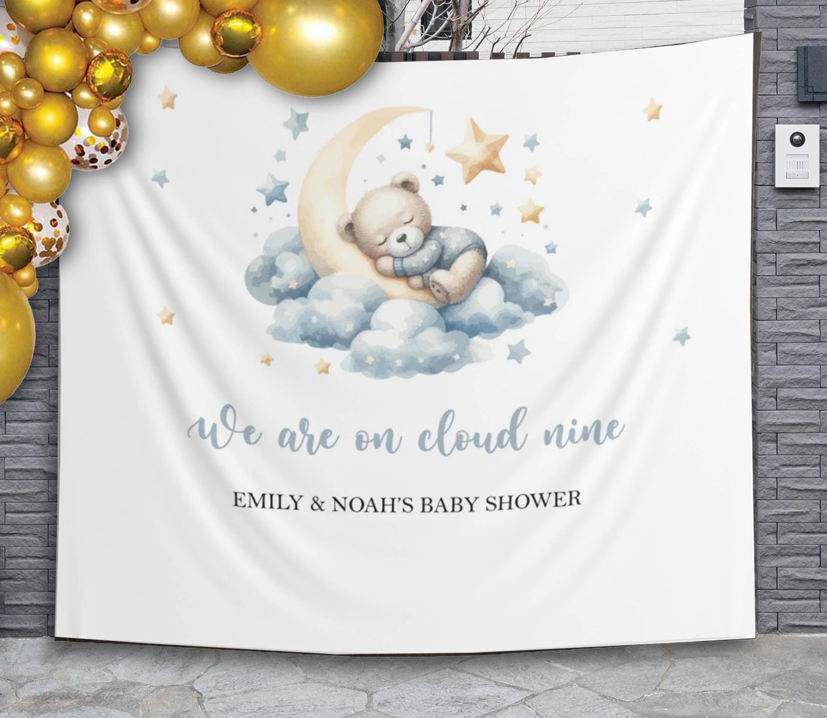 We Are on Cloud Nine Banner Baby Shower Backdrop Bear Moon Clouds Stars