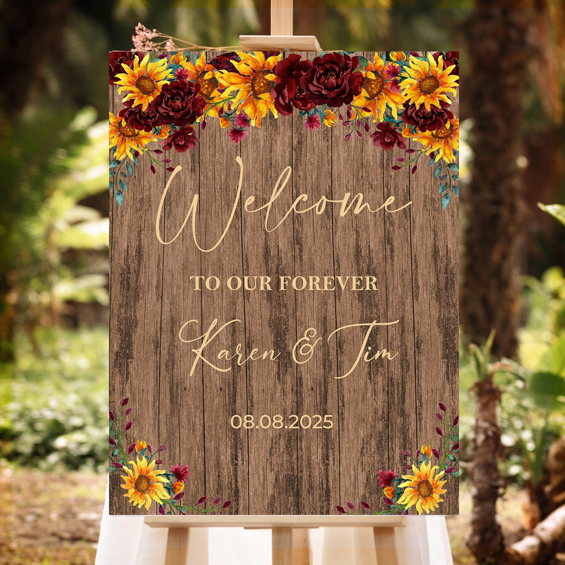 Printed Sunflower Burgundy Welcome to Our Forever Sign Merlot Floral Wedding Foamboard Rustic Engagement Decor Rustic Country Bridal Shower