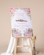 1st Birthday Party Sign One for the Books Welcome Sign Printed First Chapter Fomboard Pink Floral Girl Book Poster High Chair Party Sign