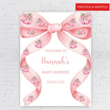 Blush Pink Bow Pumpkin Baby Shower Welcome Sign Printed Watercolor Coquette Bow Foamboard Fall Autumn Baby Girl Poster Little Pumpkin