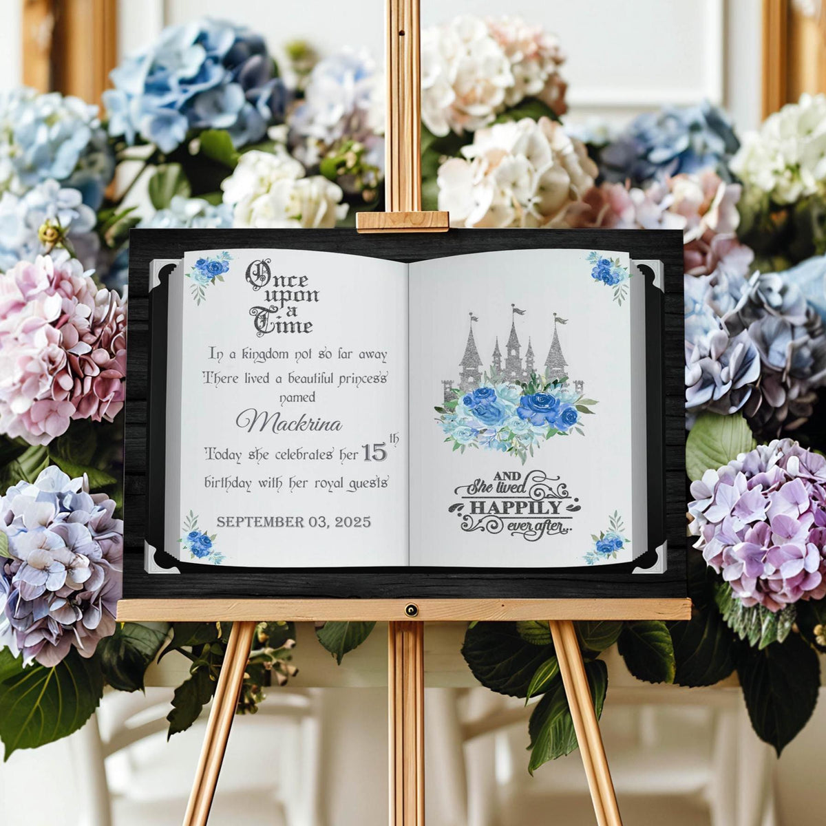 Princess Welcome Sign Printed Quince Party Decor Once Upon A Time Book Foamboard Sign Blue Silver Floral Princess Poster Fairytale Castle