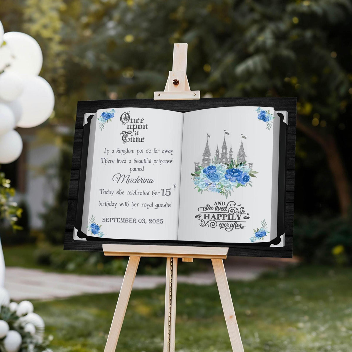 Blue Silver Princess Welcome Sign Printed Birthday Book Foamboard