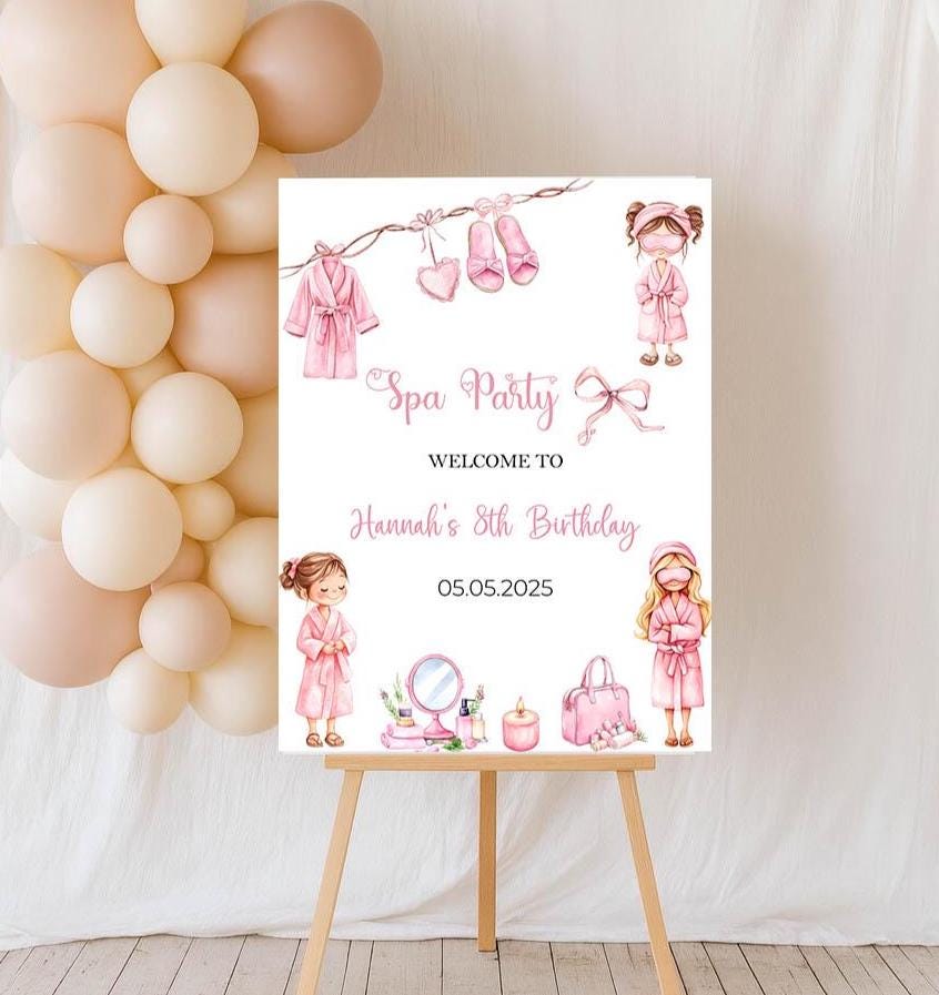 Printed Spa Birthday Party Welcome Sign Girls Pink Bow Pamper Foamboard