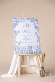 Printed Toile Safari Birthday Sign Dusty Blue First Birthday Welcome Foamboard 1st Birthday Jungle Birthday Poster Boys Animals Party Decor