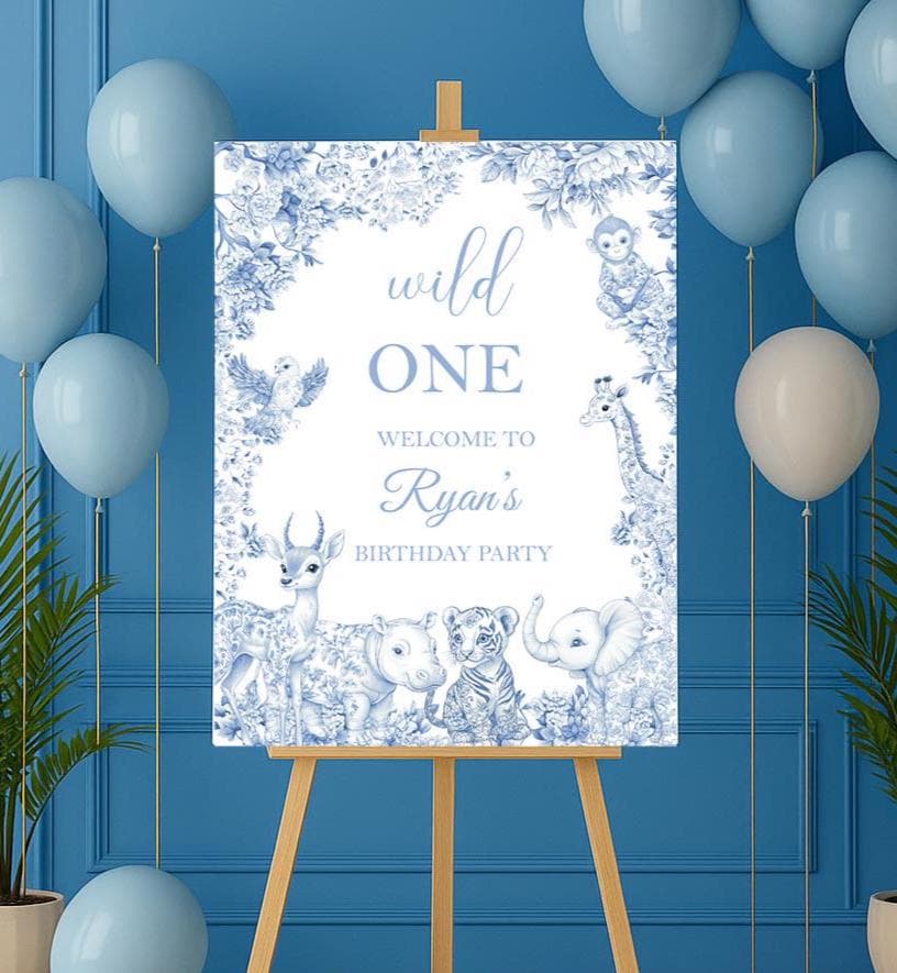 Printed Toile Safari Birthday Sign Dusty Blue First Birthday Welcome Foamboard