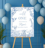Printed Toile Safari Birthday Sign Dusty Blue First Birthday Welcome Foamboard