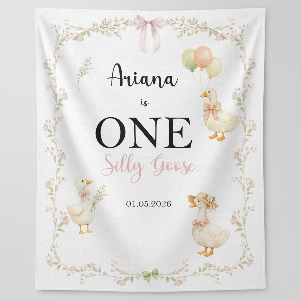 1st Birthday Watercolor Goose Banner Pink Green Girl Floral High Chair Party Sign