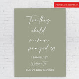 Minimalist Sage Baby Shower Welcome Sign, This Child I have Prayed Foamboard, Gender Neutral Decor 1st Samuel Bible Verse Christian Poster