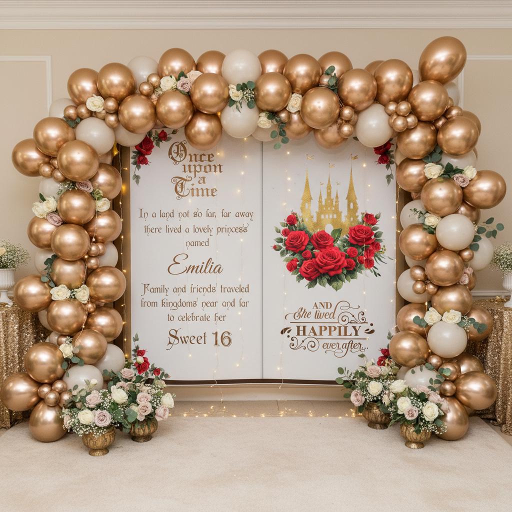 Red Rose Book Decor Sweet 16 Princess Backdrop Fairytale Storybook Banner Royal Medieval Floral Castle Sign Custom Wedding Bridal Shower