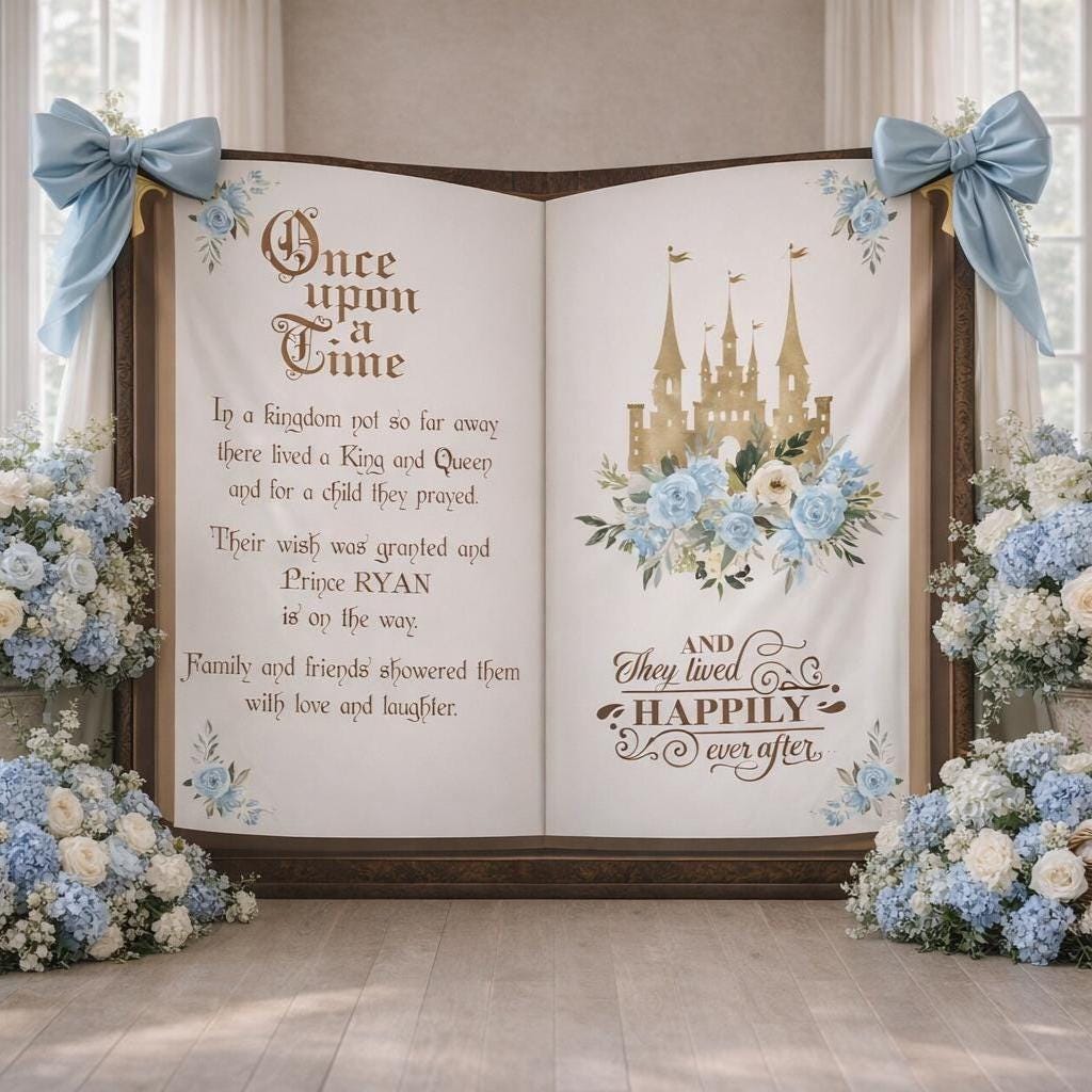 Baby Shower Book Backdrop, Blue Floral Castle Shower Banner, This Child I Prayed, Prince Shower Bible Verse Decor, Once Upon a Time Story