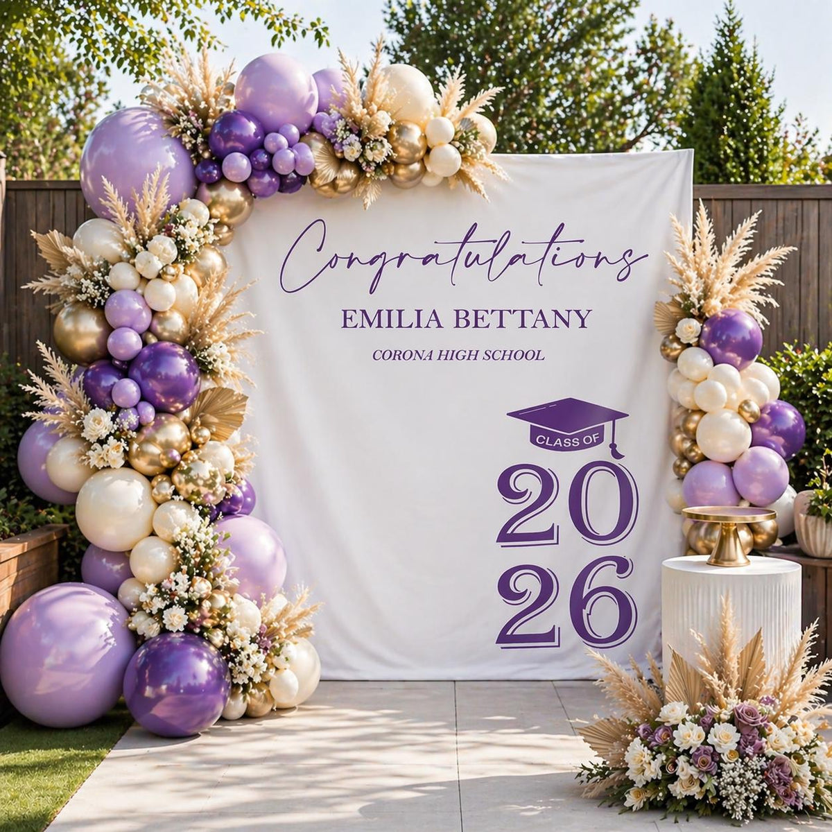 Personalized Graduation Backdrop: Class of 2026, Purple Gold Grad Cap Banner