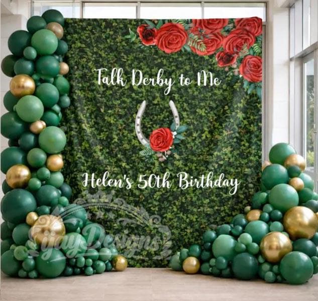 Custom Derby Backdrop Talk Derby To Me Birthday Banner Fabric Grass Wall Kentucky Party Decor Red Roses Horse Shoe Photo Booth Banner