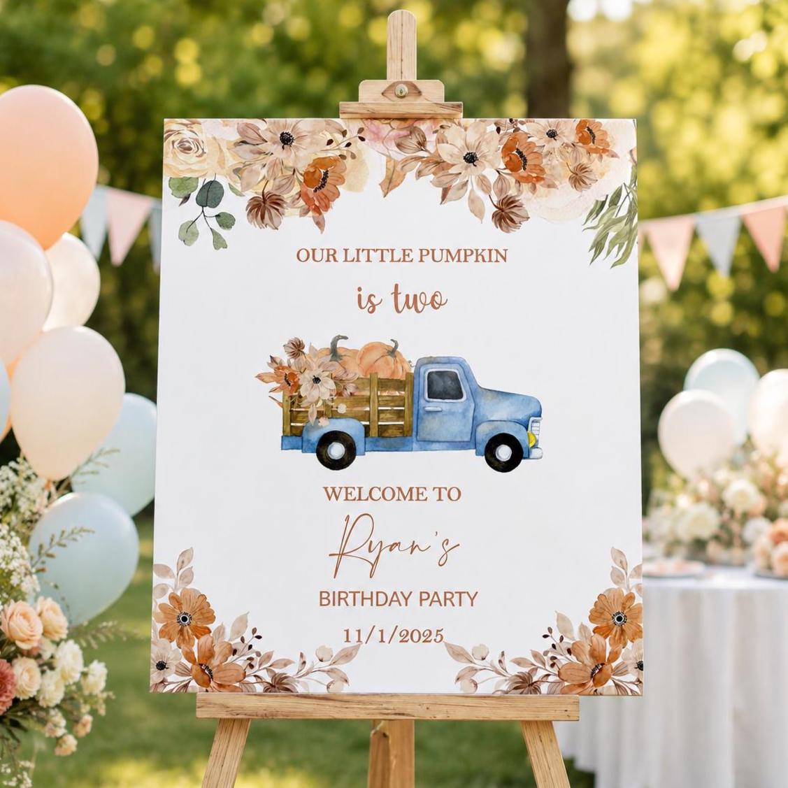Printed Blue Truck Pumpkin Birthday Welcome Sign, Boho Rustic Foamboard, Fall Decor, First Year One Birthday Poster