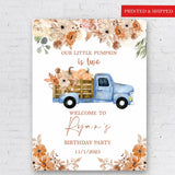 Printed Blue Truck Pumpkin Birthday Welcome Sign, Boho Rustic Foamboard, Fall Decor, First Year One Birthday Poster