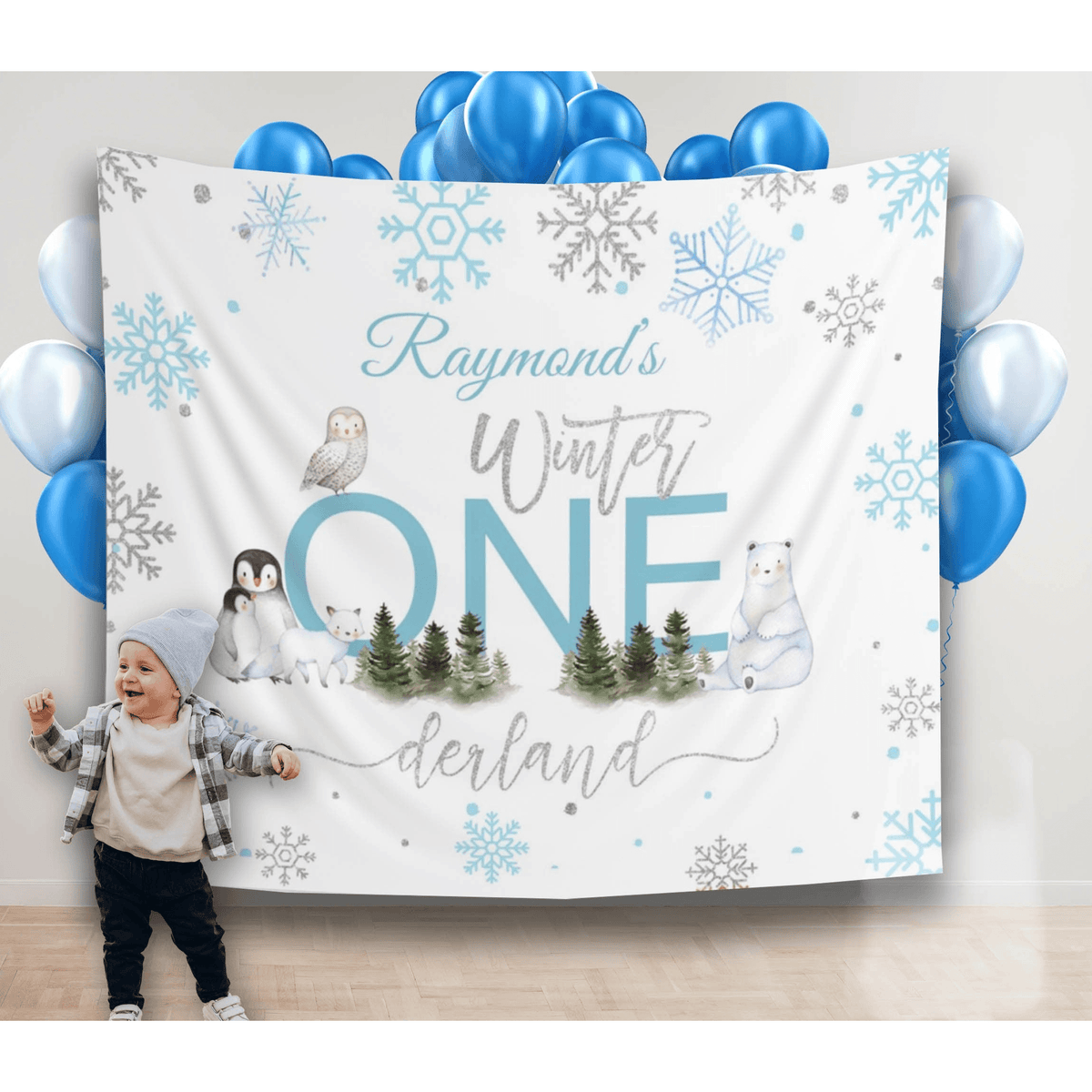 Blue Winter Onederland Snow Flakes Birthday backdrop, Boy Winter Party Backdrop - iJay Backdrops