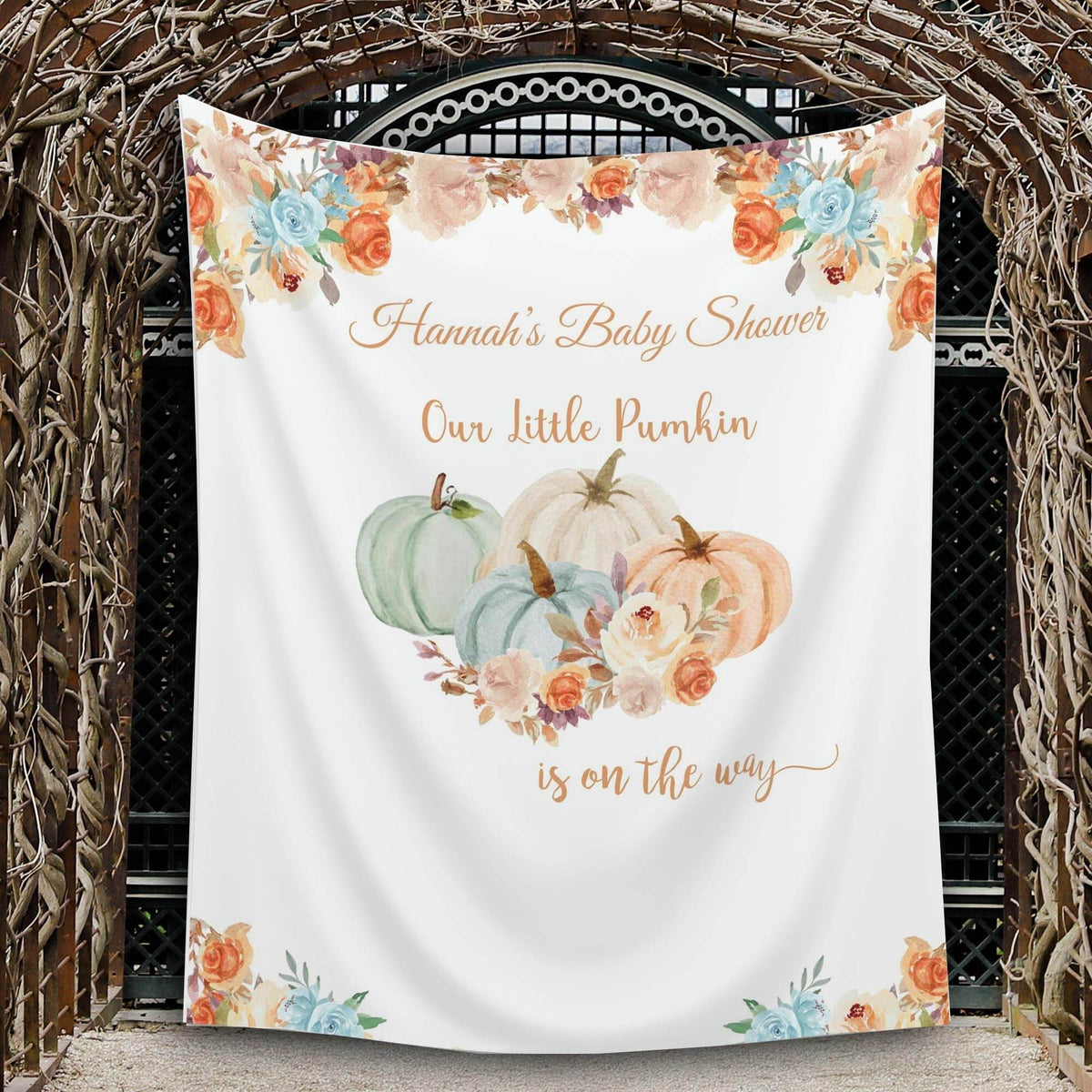 Pumpkin Baby Shower Backdrop, Floral Blue Burnt Orange little Pumpkin Shower Decoration, Fall Autumn Background, Boy Baby Shower Banner - iJay Backdrops