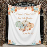 Pumpkin Baby Shower Backdrop, Floral Blue Burnt Orange little Pumpkin Shower Decoration, Fall Autumn Background, Boy Baby Shower Banner - iJay Backdrops
