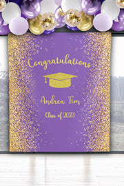 Purple Gold Graduation Backdrop, 2023 Prom Photo Booth, Gold Glitter Congrats Grad Banner, Grad Ceremony Background, College Grad Party - iJay Backdrops