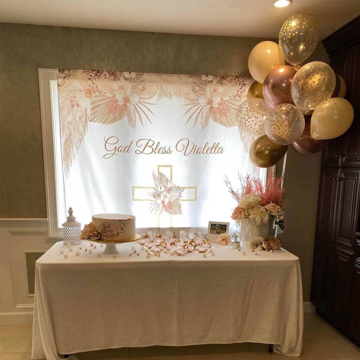 Boho Baptism Holy Communion Pampas Backdrop - iJay Backdrops