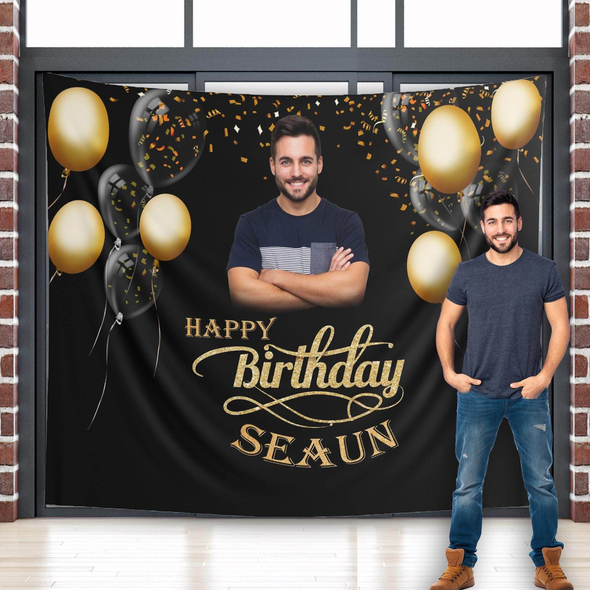 Custom Photo Black and Gold Birthday Balloon Backdrop - iJay Backdrops