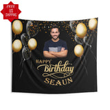 Custom Photo Black and Gold Birthday Balloon Backdrop
