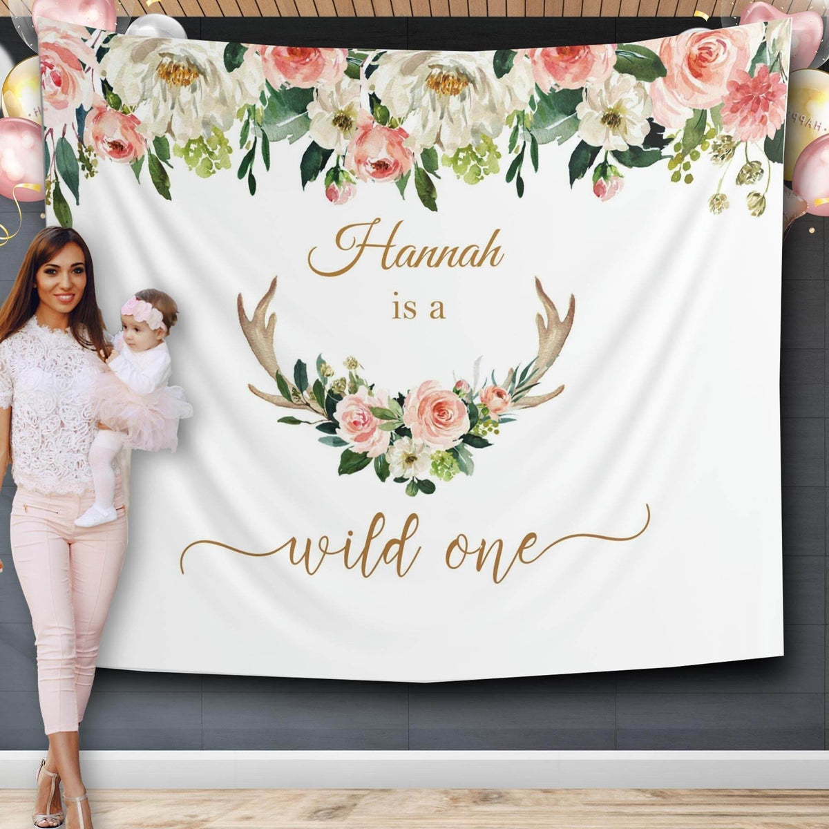 Floral Deer Antlers First Birthday Backdrop - iJay Backdrops