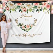 Floral Deer Antlers First Birthday Backdrop - iJay Backdrops