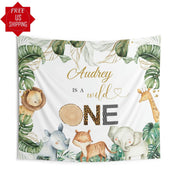 Wild One Boy 1st Birthday Banner High Chair Safari First Birthday Backdrop Jungle Animals First Birthday Decor One Year Happy 1st Birthday - iJay Backdrops