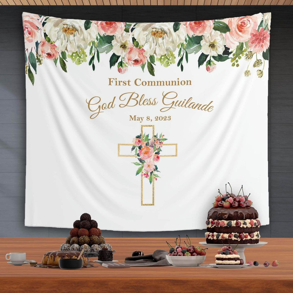 Girl Floral Gold Cross Baptism Backdrop - iJay Backdrops