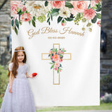 Girl Floral Gold Cross Baptism Backdrop - iJay Backdrops