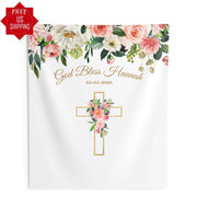 Girl Floral Gold Cross Baptism Backdrop - iJay Backdrops