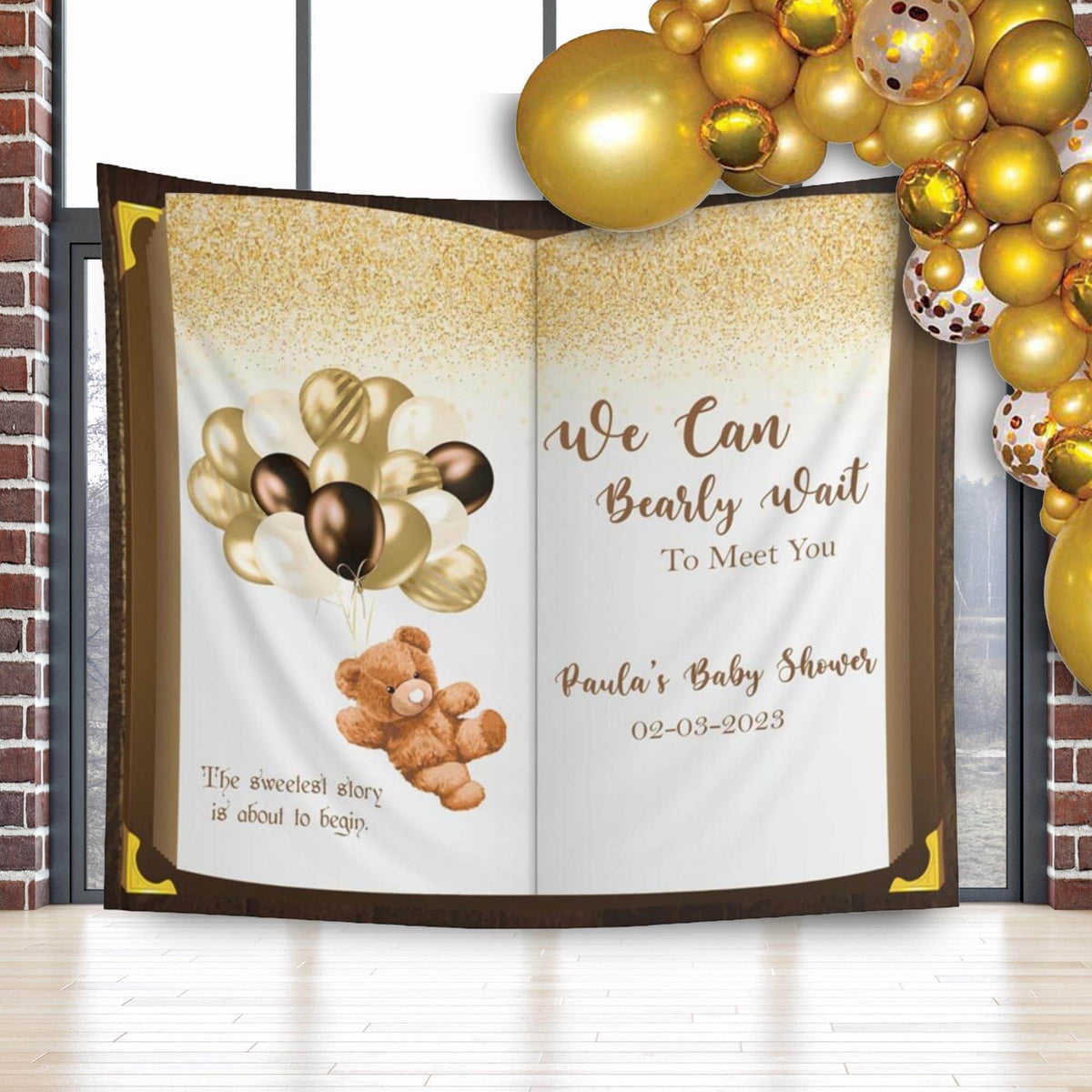 Gold Bear Balloons Baby Shower Book Backdrop - iJay Backdrops