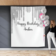 Silver White Birthday Party Backdrop Personalized Silver Dripping Glitter Photo booth Silver Sparkles Custom Backdrop Girl Birthday Dinner - iJay Backdrops