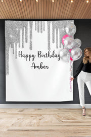 Silver White Birthday Party Backdrop Personalized Silver Dripping Glitter Photo booth Silver Sparkles Custom Backdrop Girl Birthday Dinner - iJay Backdrops