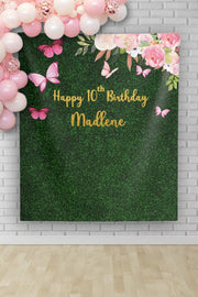 Pink Butterfly Birthday Backdrop Custom Artificial Grass Wall Fabric Backdrop Butterfly Girl Party Decor Hedge Wall First Birthday Banner - iJay Backdrops