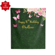 Pink Butterfly Birthday Backdrop Custom Artificial Grass Wall Fabric Backdrop Butterfly Girl Party Decor Hedge Wall First Birthday Banner - iJay Backdrops