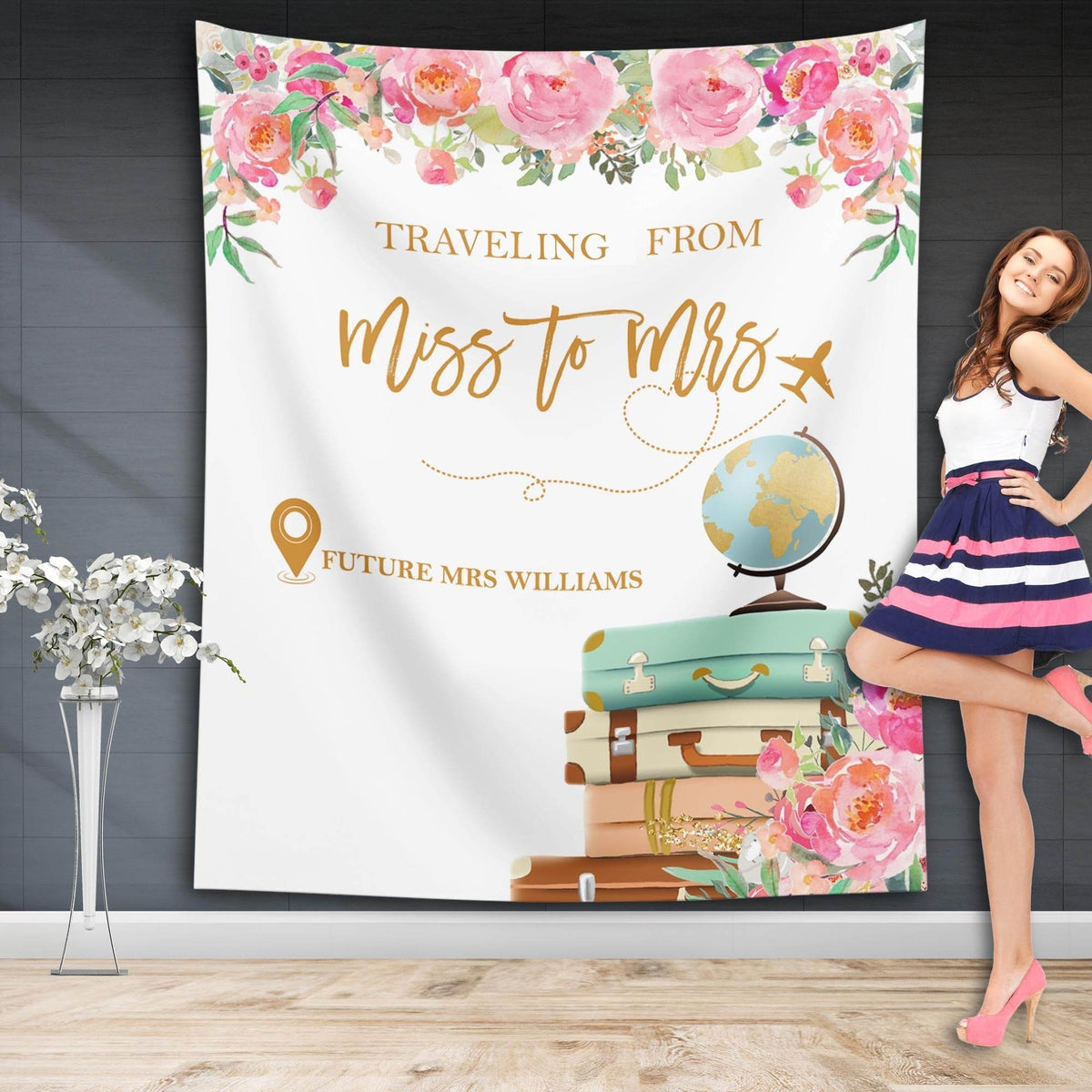 Pink Floral Travel, Miss to Mrs. Bachelorette Party Backdrop - iJay Backdrops