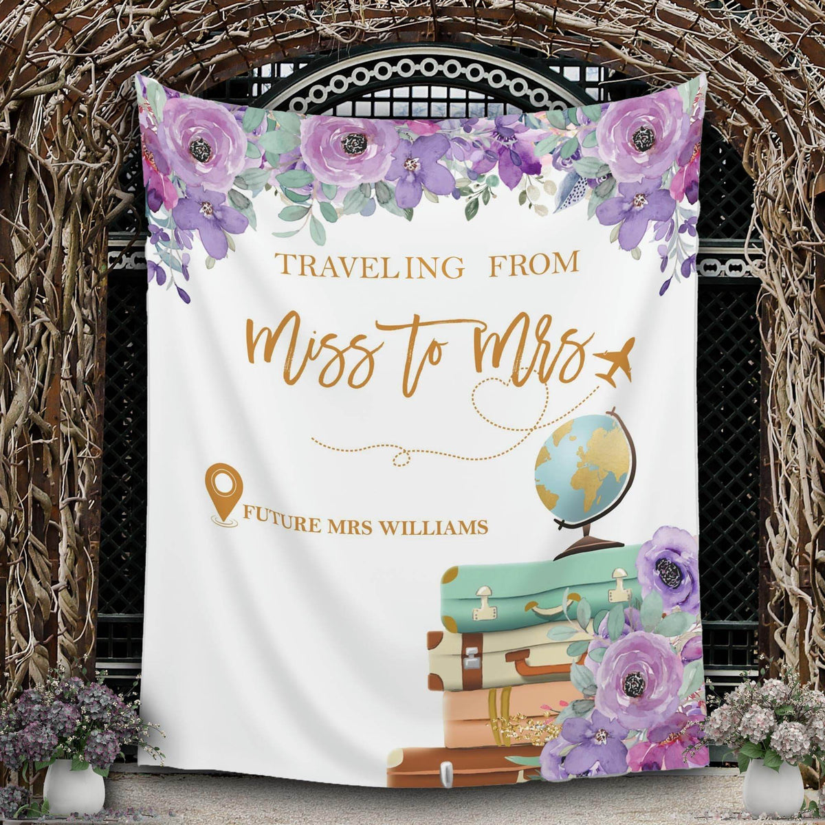 Traveling from Miss to Mrs. Purple Floral Bridal Shower Backdrop - iJay Backdrops