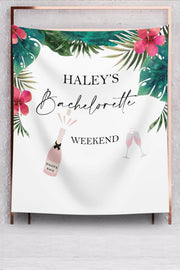 Tropical Bridal Shower Backdrop Bachelorette Weekend Decor Champagne Bottle Glasses Photo Booth Destination Banner Palm Bridal Tapestry - iJay Backdrops
