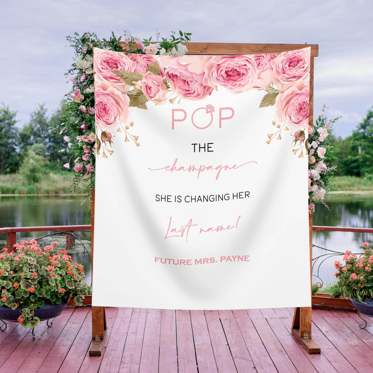 Pink Floral ‘Pop the Champagne’ Bridal shower backdrop - iJay Backdrops
