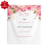 Pink Floral ‘Pop the Champagne’ Bridal shower backdrop - iJay Backdrops