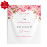 Pink Floral ‘Pop the Champagne’ Bridal shower backdrop