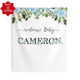 Personalized Baby Name - Blue Floral Baby Shower Backdrop