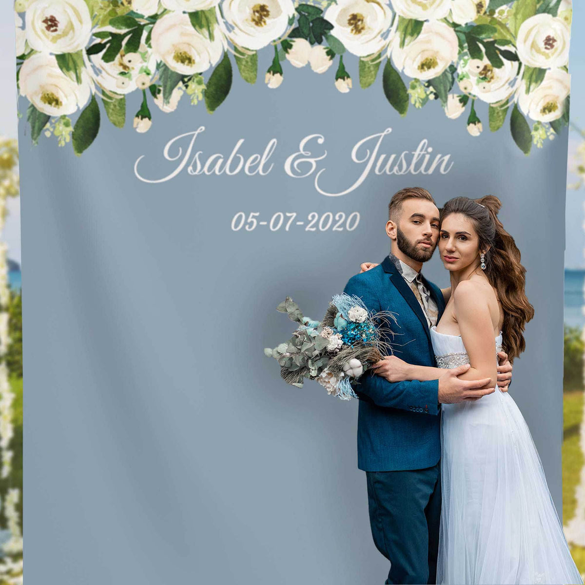 Floral Backdrop for a Dusty Blue Wedding Theme - iJay Backdrops