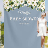 Dusty Blue White Floral Baby Shower Backdrop - iJay Backdrops