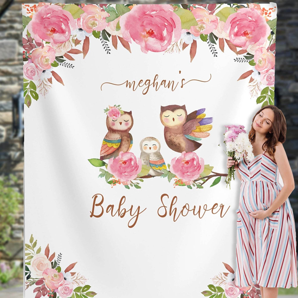 Pink Owl Floral Baby Shower Backdrop - iJay Backdrops