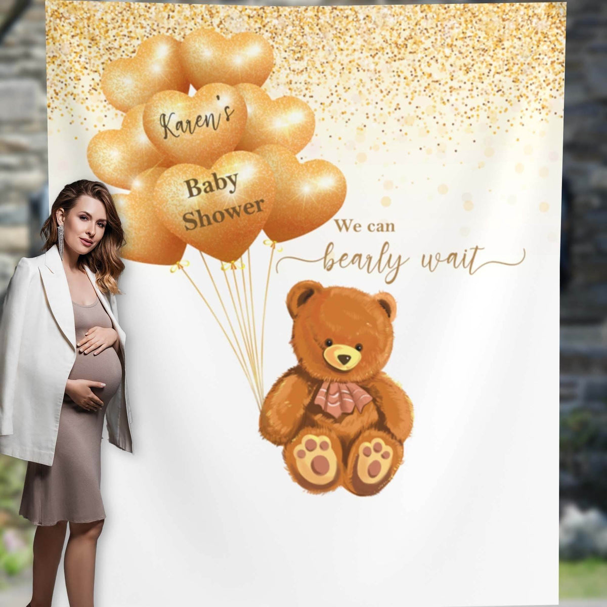 We can Barely Wait Bear Balloons Baby Shower Backdrop - iJay Backdrops
