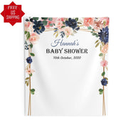 Pink and Navy Blue Baby Shower Backdrop, Floral Backdrop, Gold and Blush Backdrop, Photo Booth Backdrop 01NBS3 - iJay Backdrops